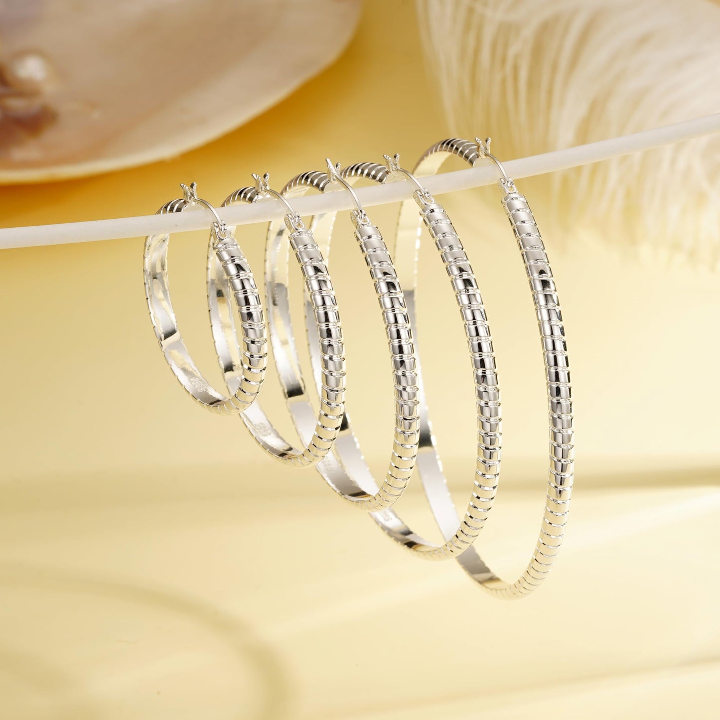 2 Pairs Large White Gold S925 Sterling Silver Hoop Earrings Hypoallergenic 4Mm Thick