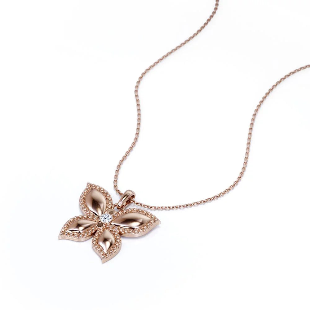Butterfly-In-Love Pendant Necklace, round Brilliant Cut Moissanite in 18K Rose Gold Plating over Silver