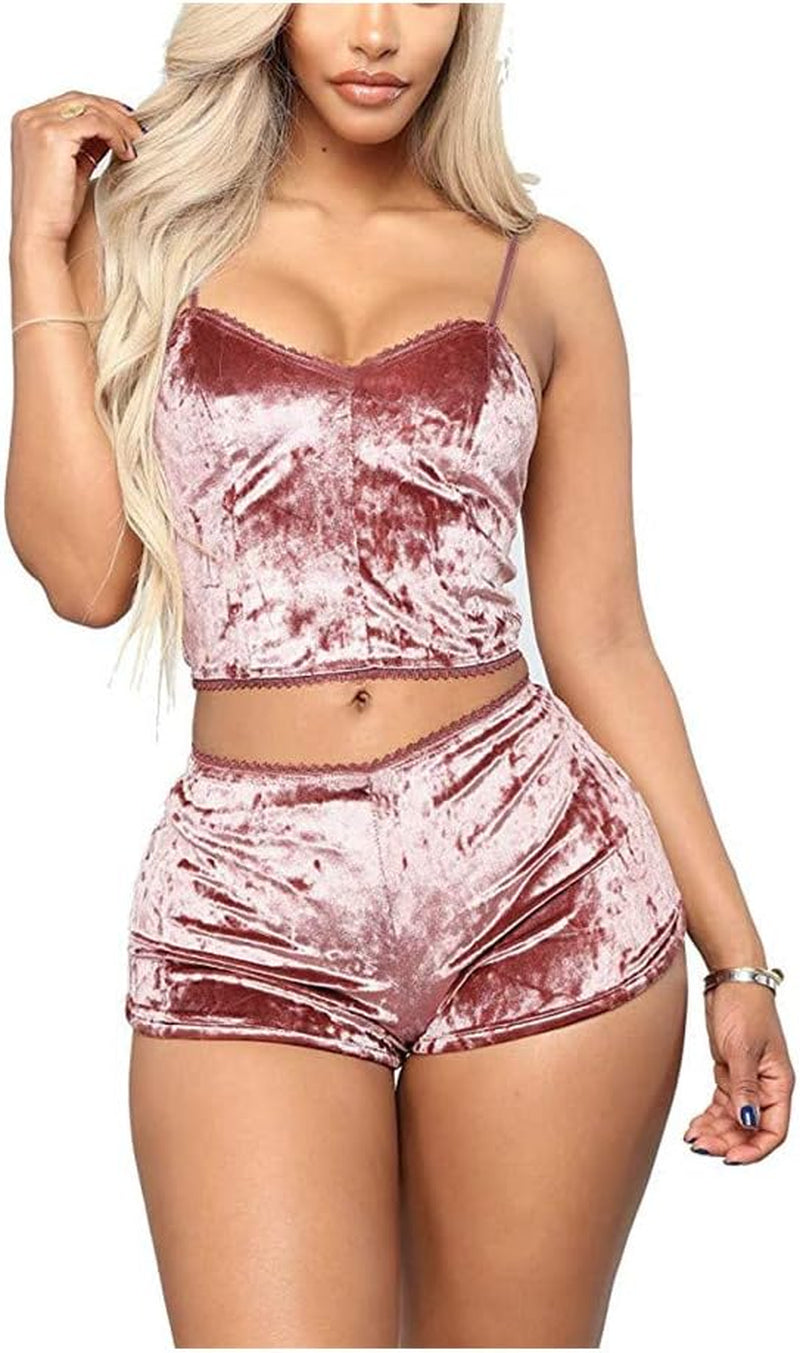 Velvet 2 Piece Spaghetti Strap Sleeveless Crop Top Camisole and Shorts Sleepwear