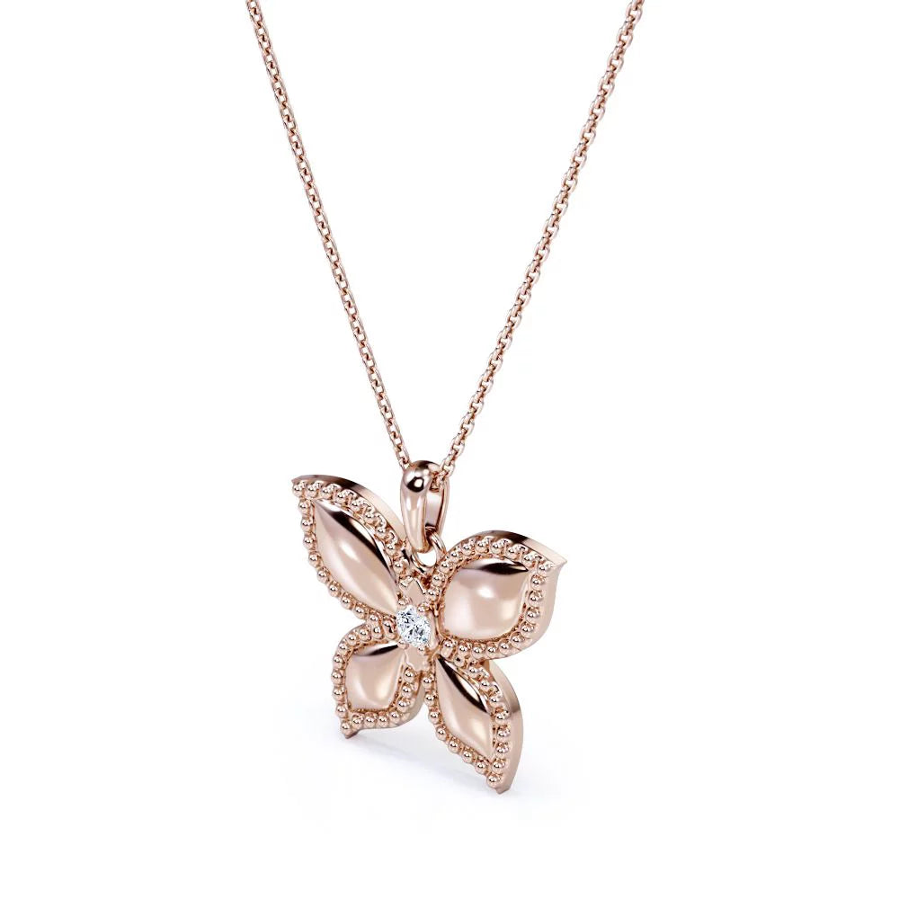 Butterfly-In-Love Pendant Necklace, round Brilliant Cut Moissanite in 18K Rose Gold Plating over Silver