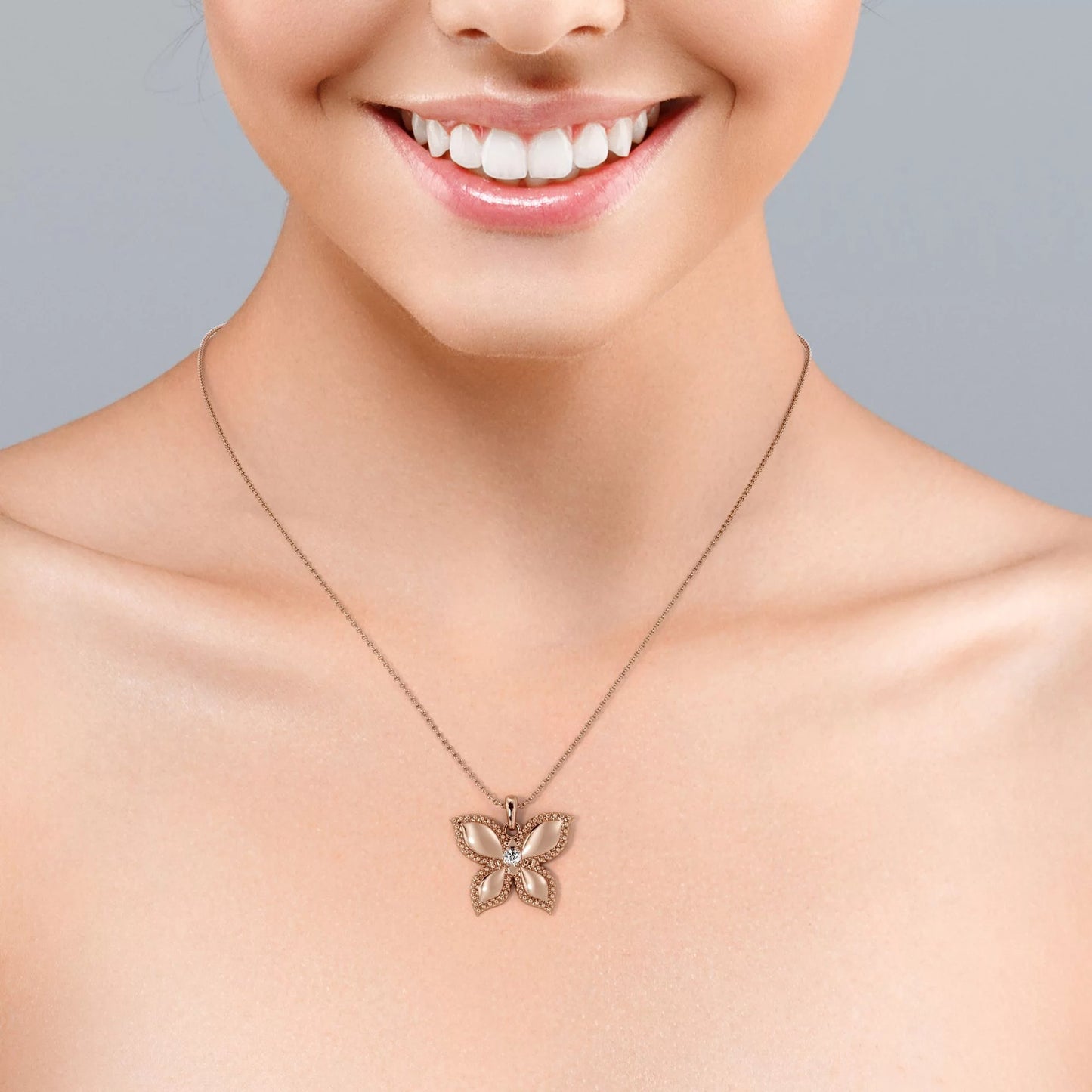 Butterfly-In-Love Pendant Necklace, round Brilliant Cut Moissanite in 18K Rose Gold Plating over Silver