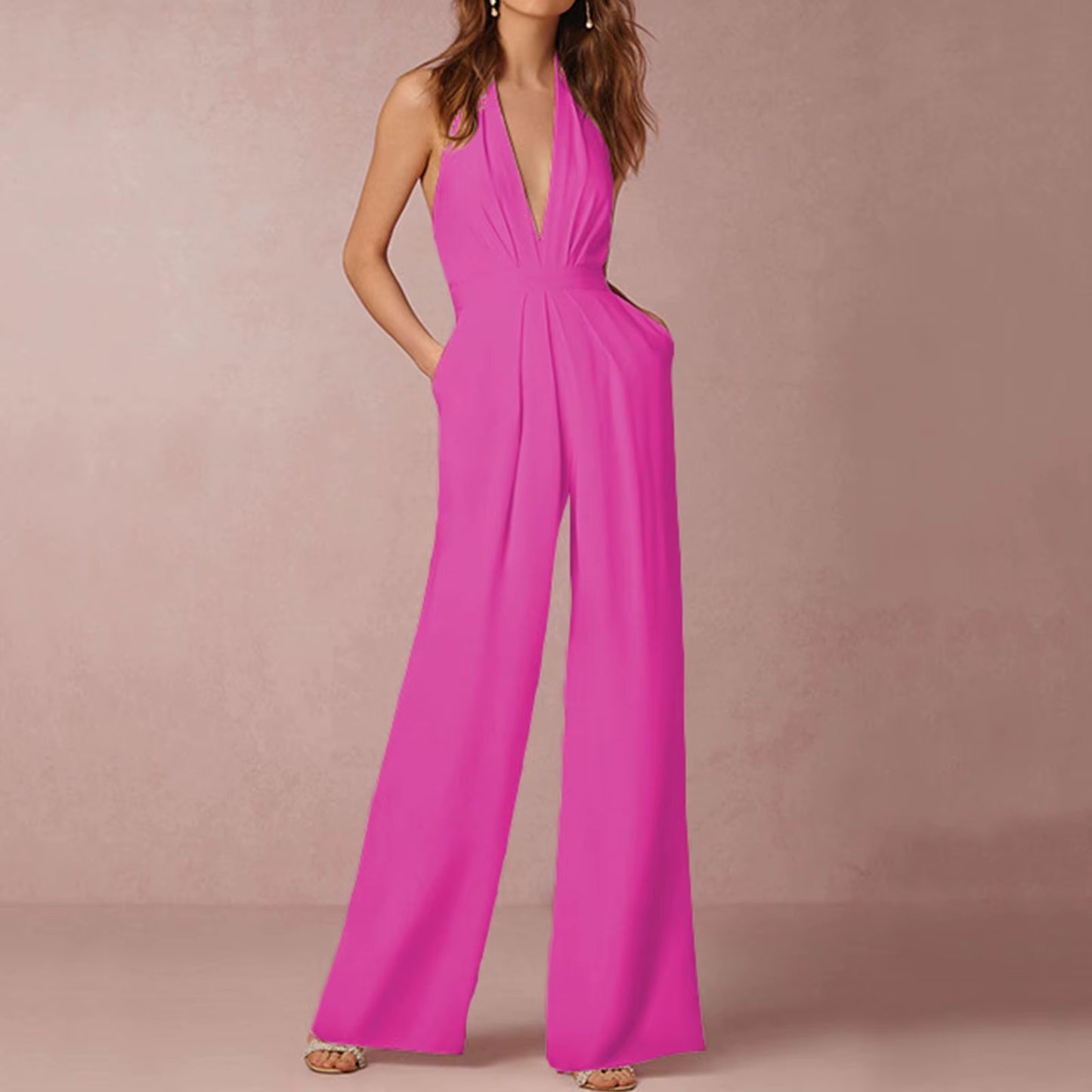 Elegant Luxury Jumpsuit Solid Color Halterneck Trousers with Pockets
