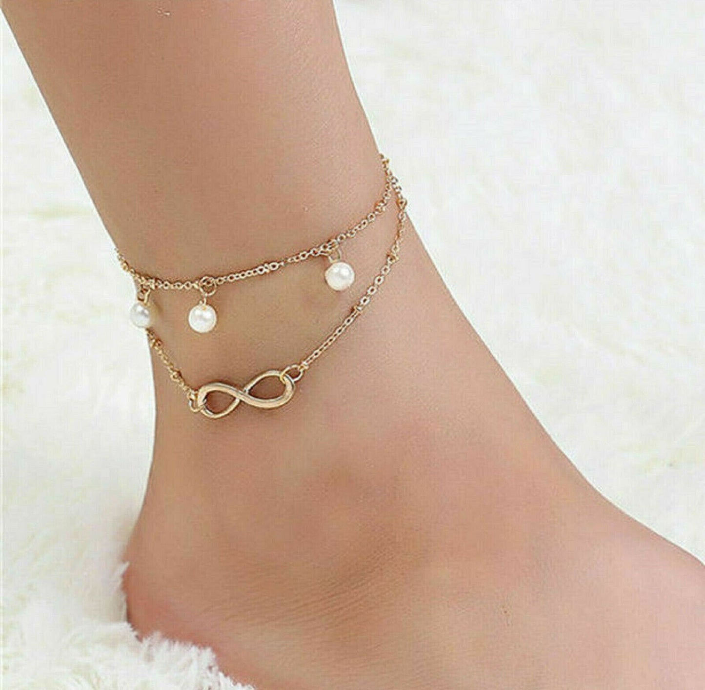 Alloy Gold Plated Double Layer Charm Love Ring Chain Anklet