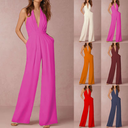 Elegant Luxury Jumpsuit Solid Color Halterneck Trousers with Pockets 