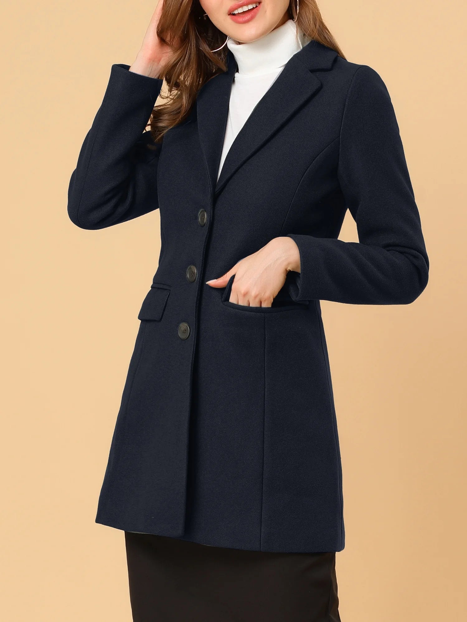 Long Coat Notched Lapel Long Sleeves Single Breasted