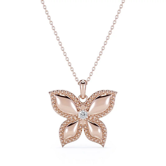 Butterfly-In-Love Pendant Necklace, round Brilliant Cut Moissanite in 18K Rose Gold Plating over Silver