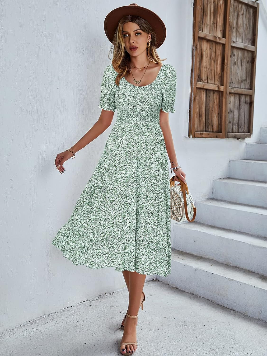 Summer Smocked Midi Dress Ditsy Floral Print Casual a Line Square Neck Short Puff Sleeve Dress