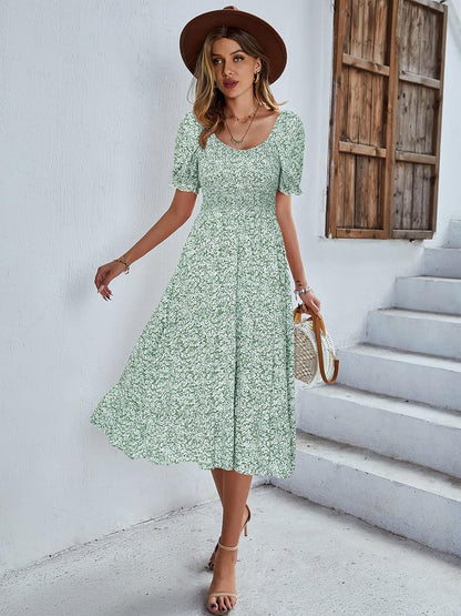 Summer Smocked Midi Dress Ditsy Floral Print Casual a Line Square Neck Short Puff Sleeve Dress