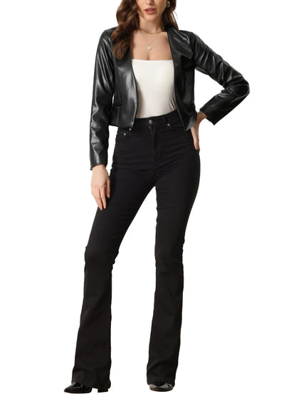 Faux Leather Crop Blazer Collarless 