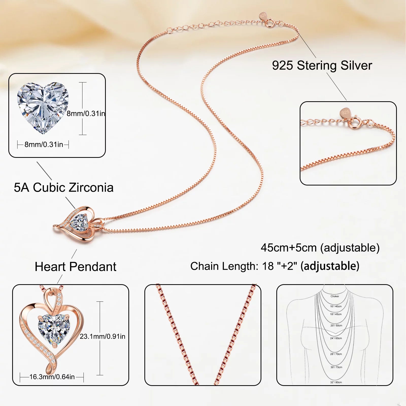 Heart Necklaces 925 Sterling Silver Pendant Necklace Rose Gold White Gold/14K Gold Plated Love Necklace  18"+2"