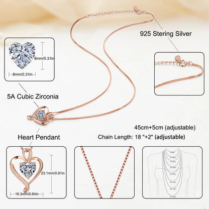 Heart Necklaces 925 Sterling Silver Pendant Necklace Rose Gold White Gold/14K Gold Plated Love Necklace  18"+2"