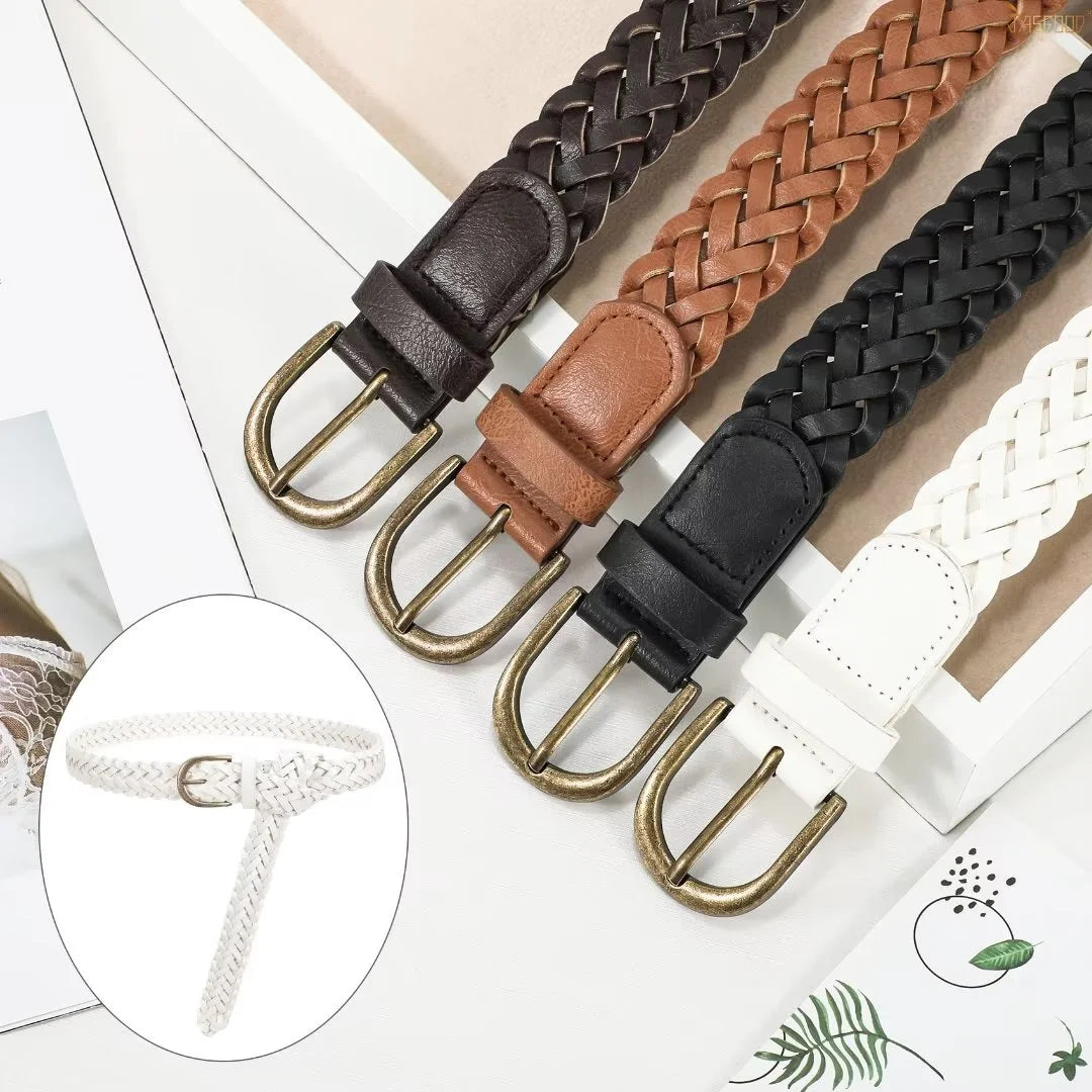 Set of 4 Skinny Braided Leather Belts Thin