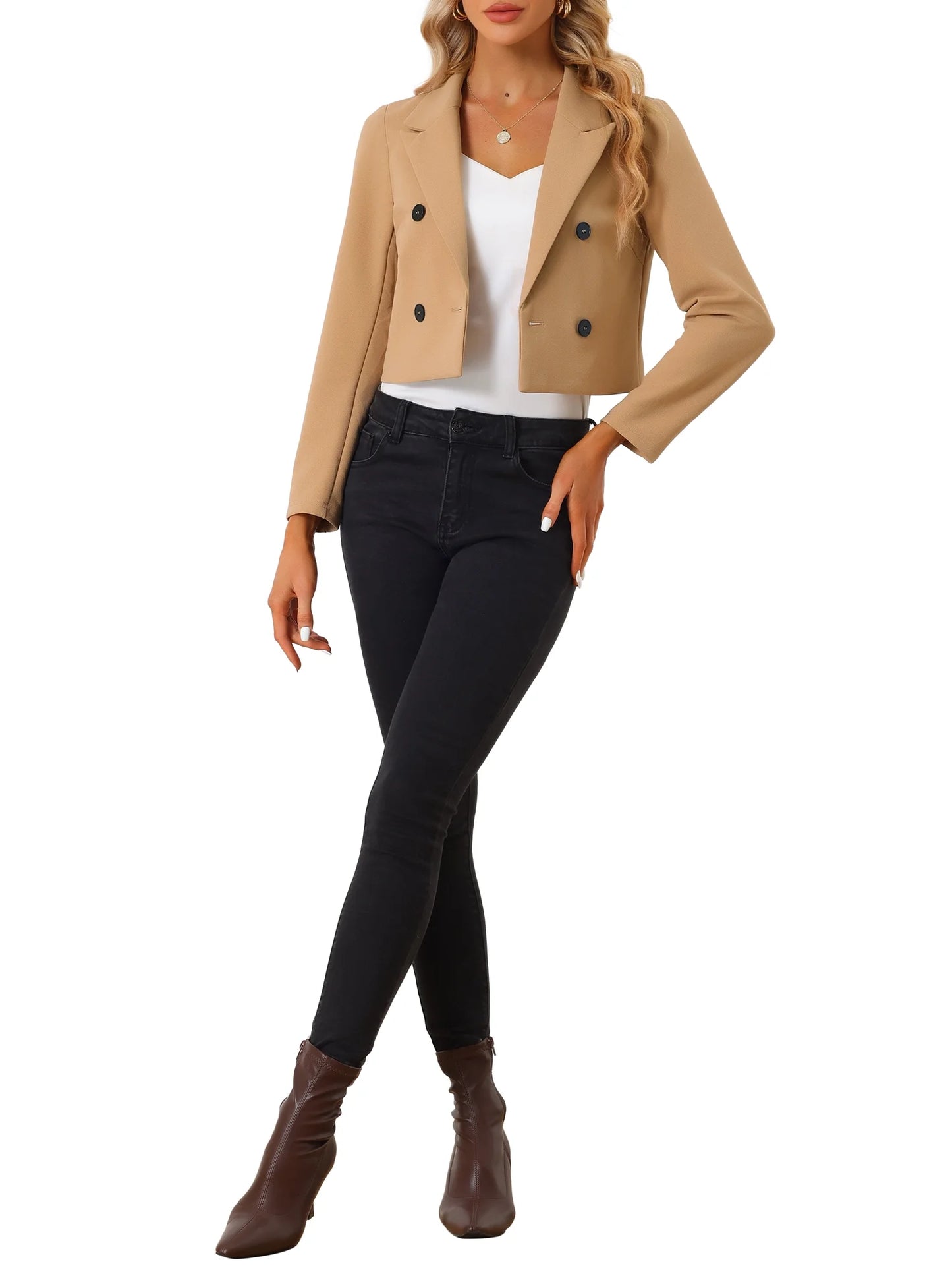 Office Casual Cropped Blazer Notched Lapel Collar