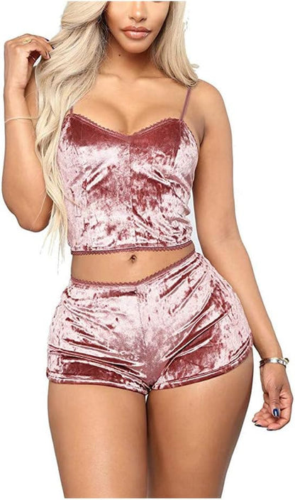 Velvet 2 Piece Spaghetti Strap Sleeveless Crop Top Camisole and Shorts Sleepwear 