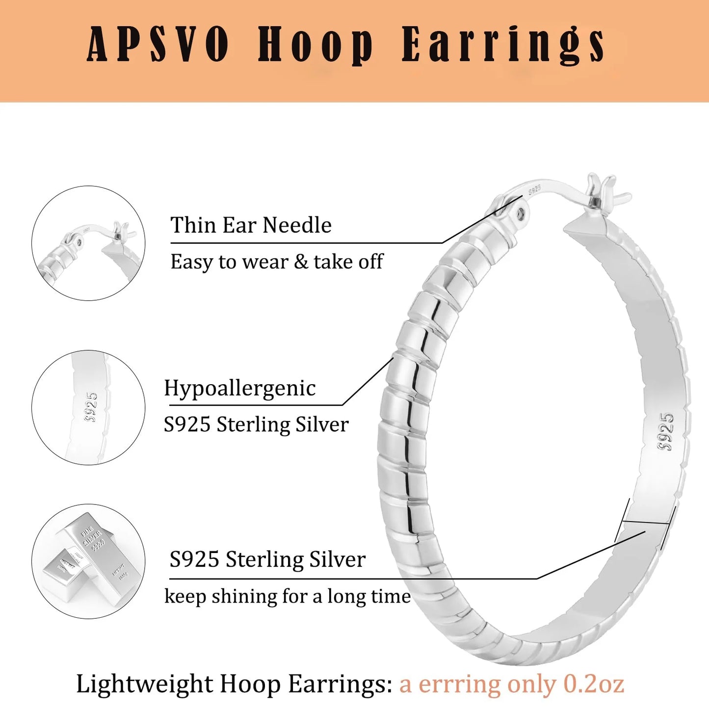 2 Pairs Large White Gold S925 Sterling Silver Hoop Earrings Hypoallergenic 4Mm Thick 