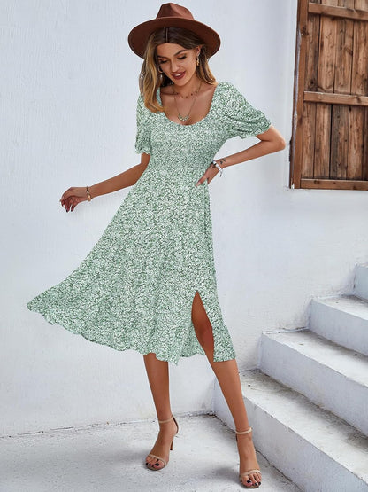 Summer Smocked Midi Dress Ditsy Floral Print Casual a Line Square Neck Short Puff Sleeve Dress