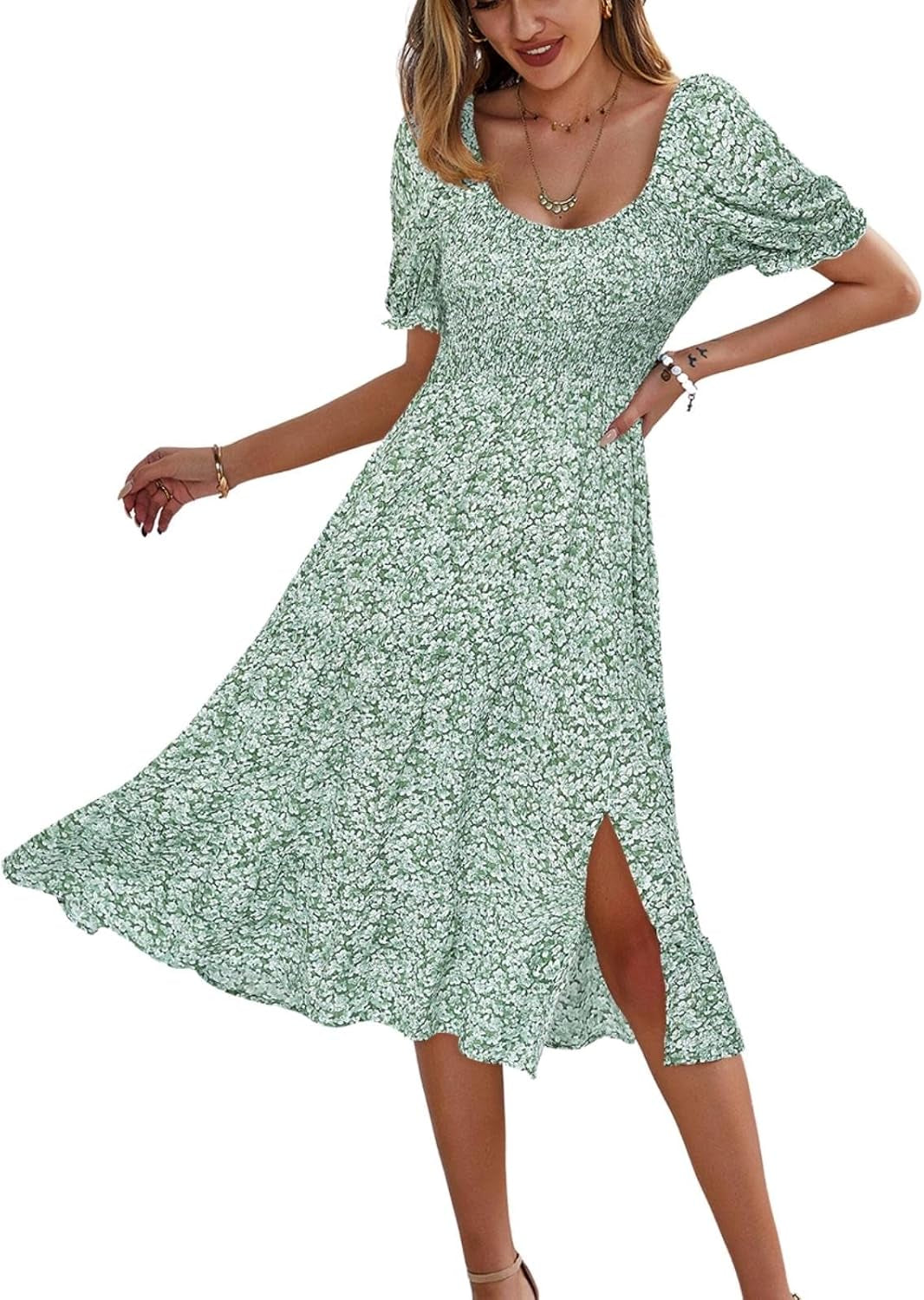 Summer Smocked Midi Dress Ditsy Floral Print Casual a Line Square Neck Short Puff Sleeve Dress