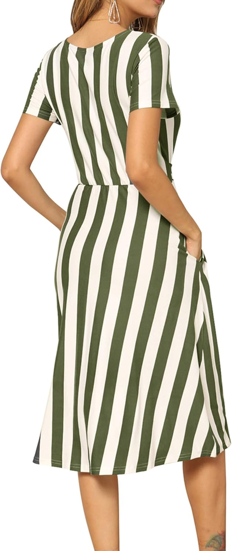 Short Sleeve Striped Casual Flowy Midi Belt Dress with Pockets