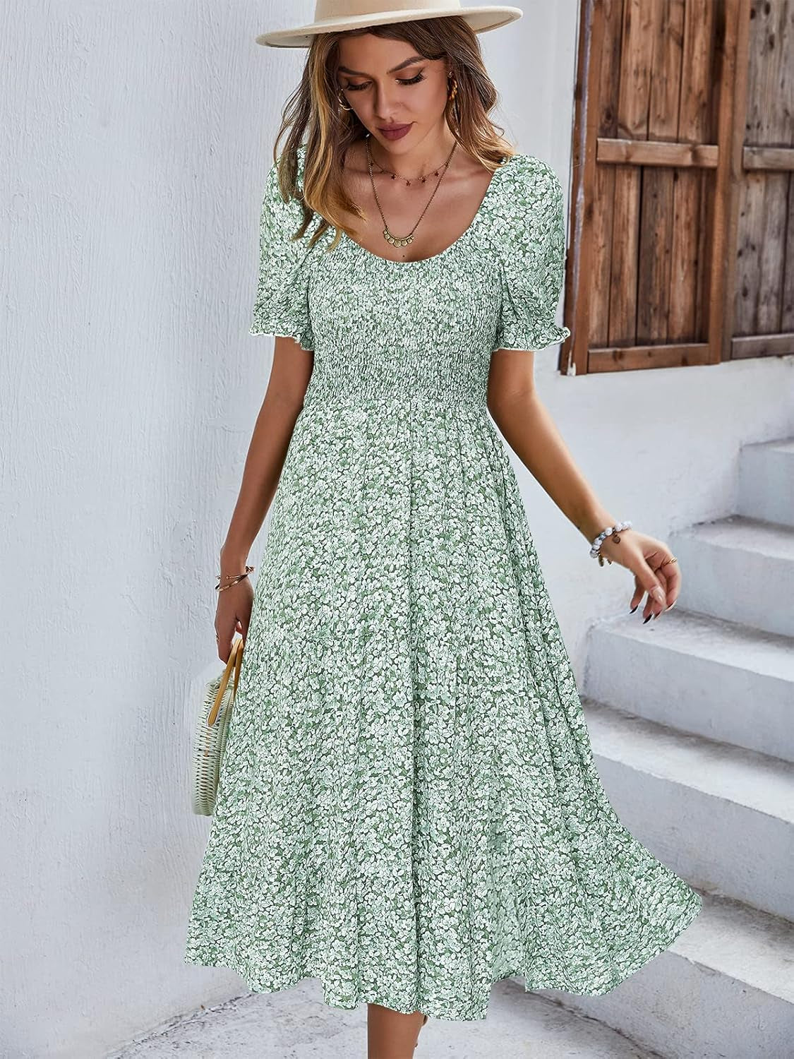 Summer Smocked Midi Dress Ditsy Floral Print Casual a Line Square Neck Short Puff Sleeve Dress