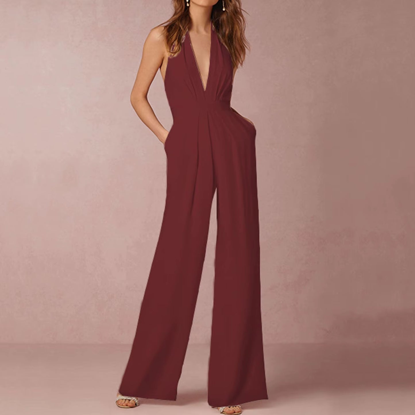 Elegant Luxury Jumpsuit Solid Color Halterneck Trousers with Pockets 