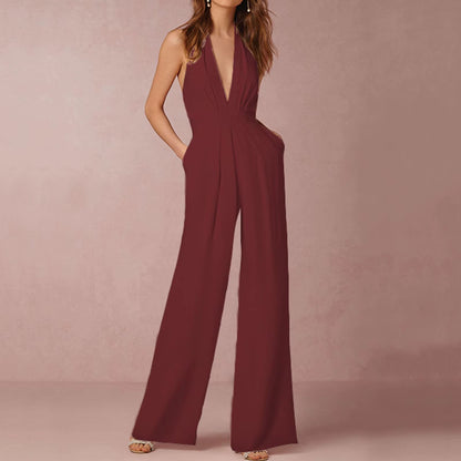 Elegant Luxury Jumpsuit Solid Color Halterneck Trousers with Pockets 