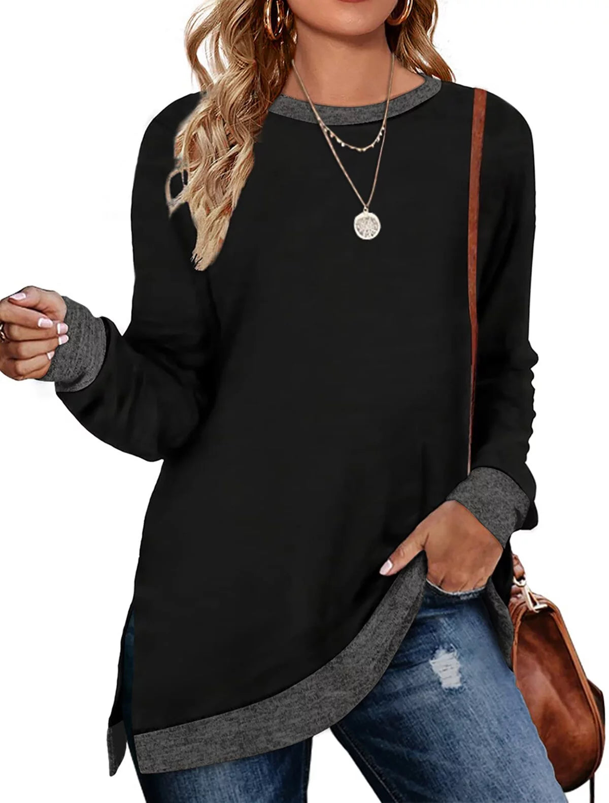 Long Sleeve Tunic Tops Side Split