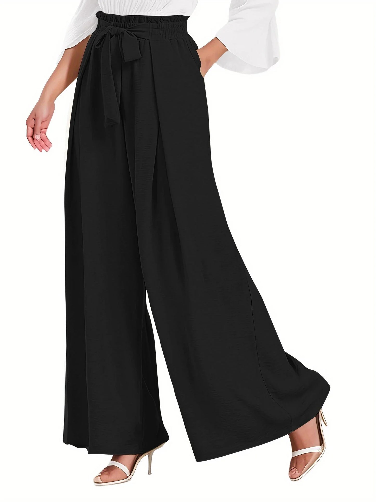 Office Casual Wide Leg Lounge Pants with Pockets High Waisted Adjustable Tie Knot 