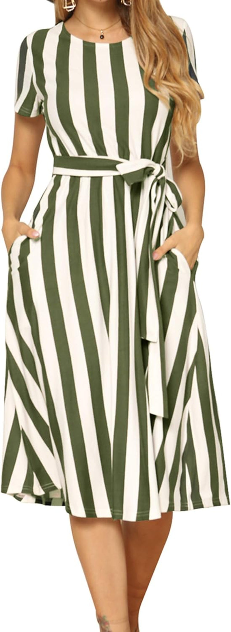 Short Sleeve Striped Casual Flowy Midi Belt Dress with Pockets