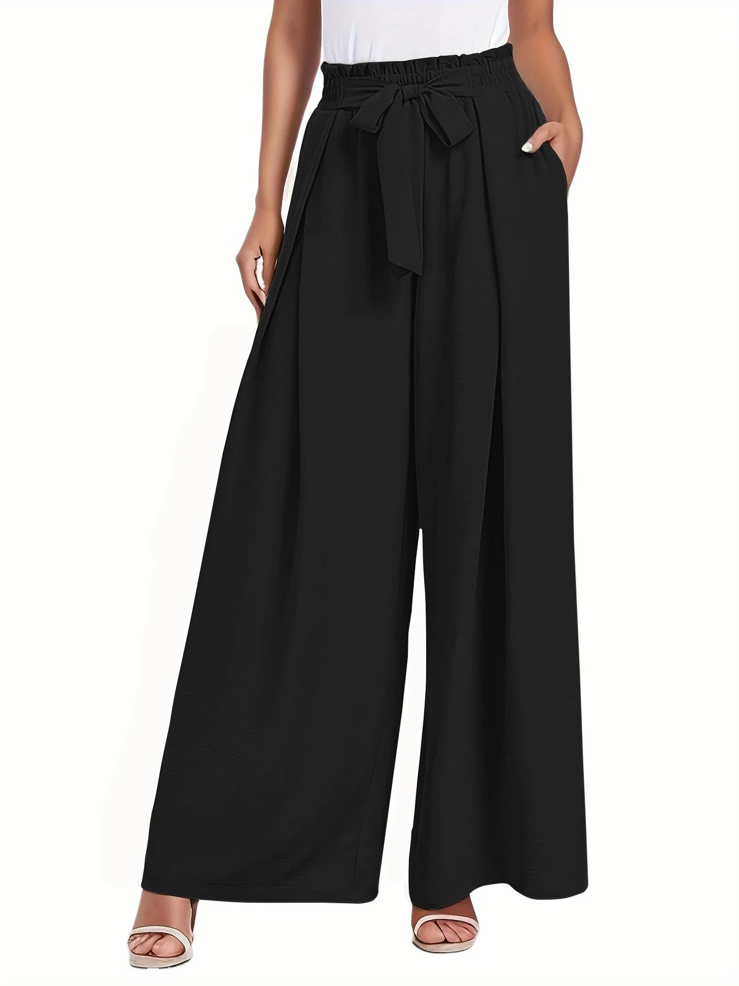 Office Casual Wide Leg Lounge Pants with Pockets High Waisted Adjustable Tie Knot 