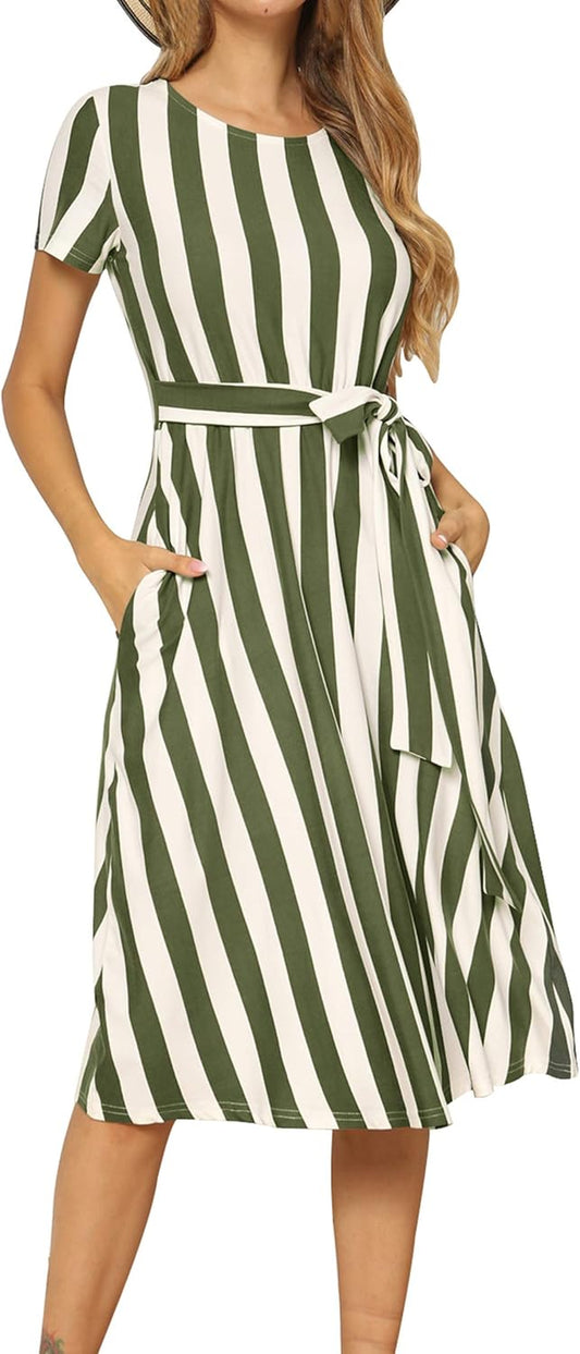 Short Sleeve Striped Casual Flowy Midi Belt Dress with Pockets