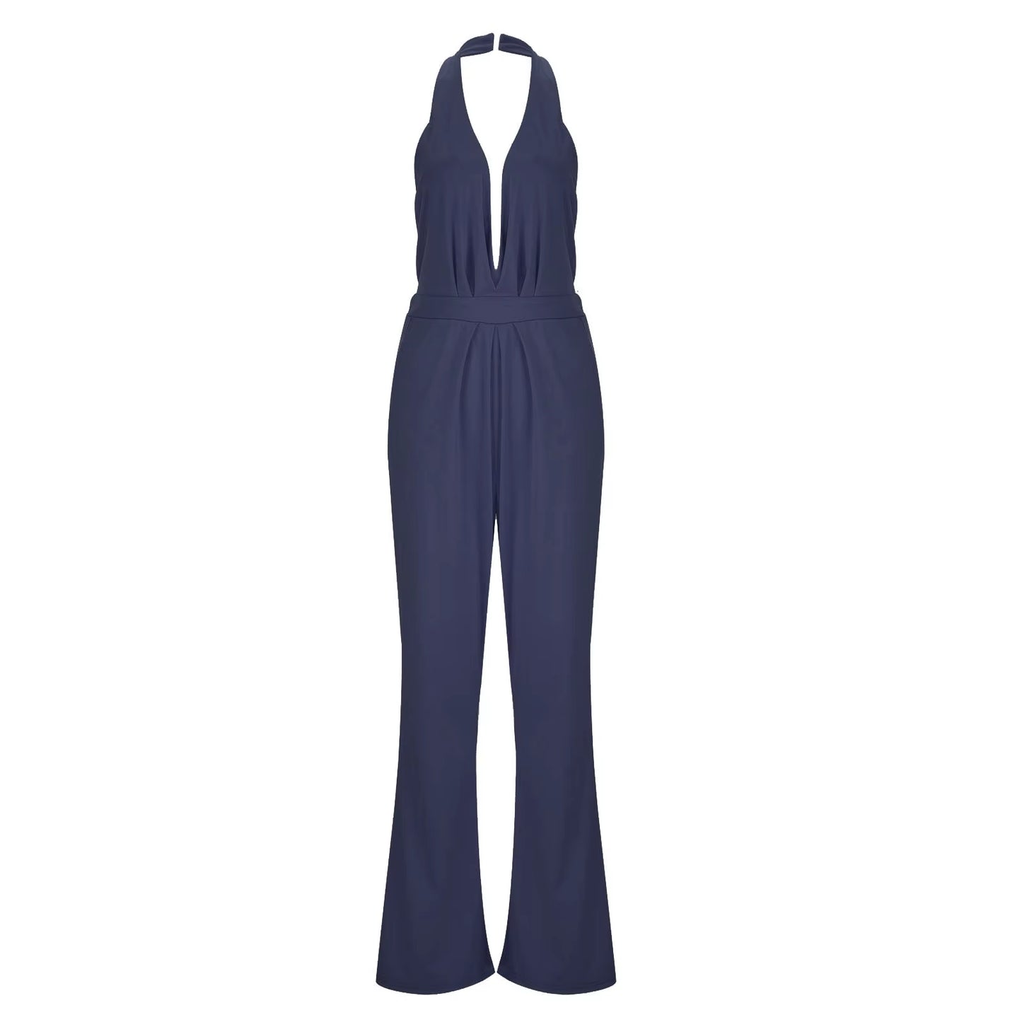 Elegant Luxury Jumpsuit Solid Color Halterneck Trousers with Pockets 