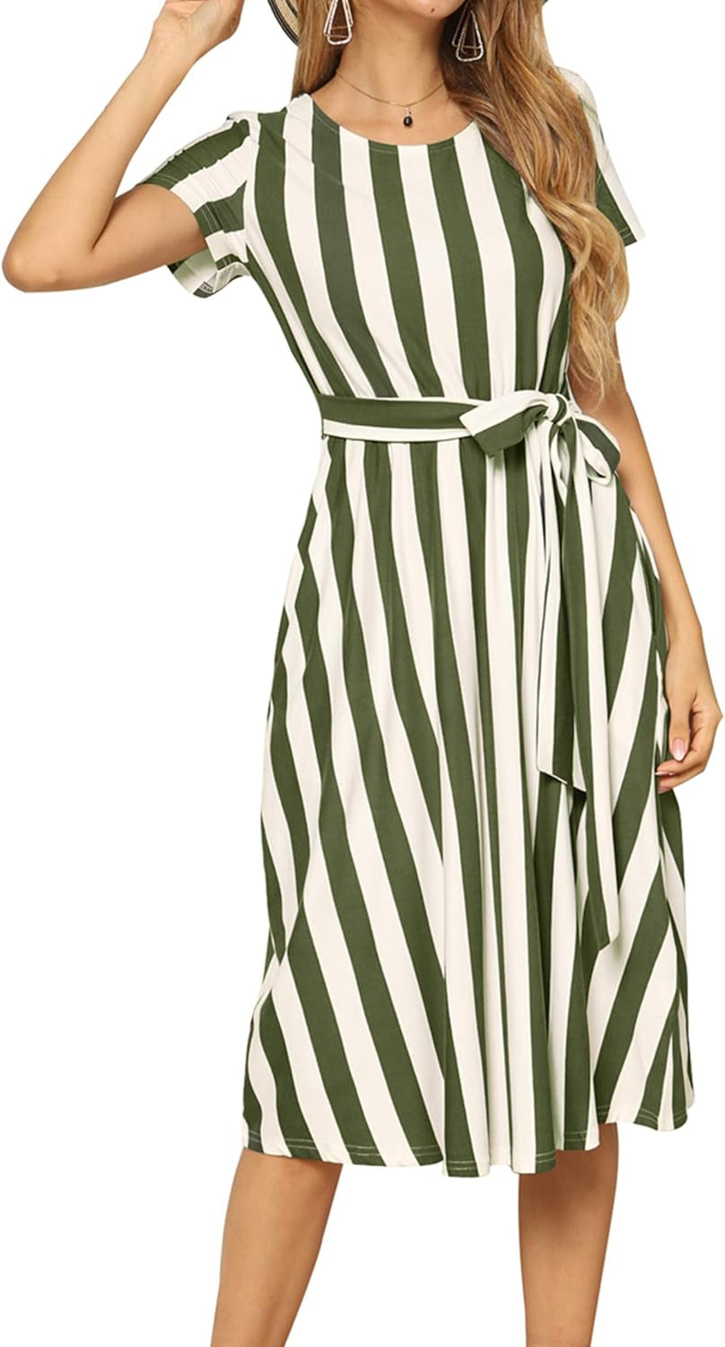 Short Sleeve Striped Casual Flowy Midi Belt Dress with Pockets