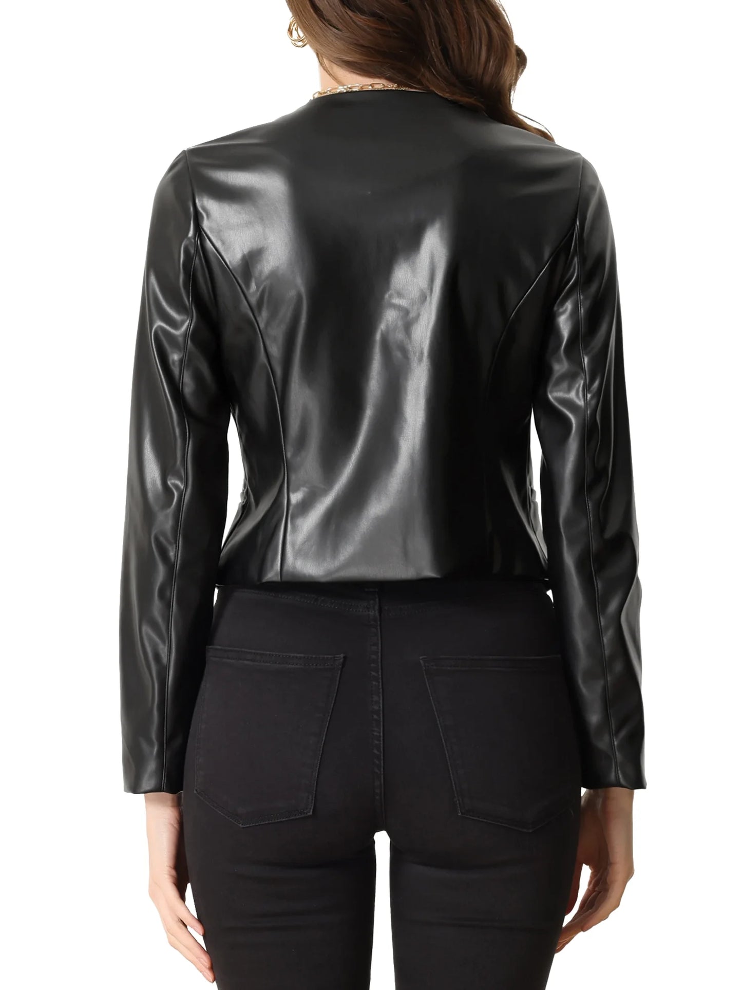 Faux Leather Crop Blazer Collarless 