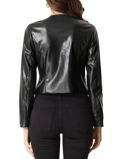 Faux Leather Crop Blazer Collarless 