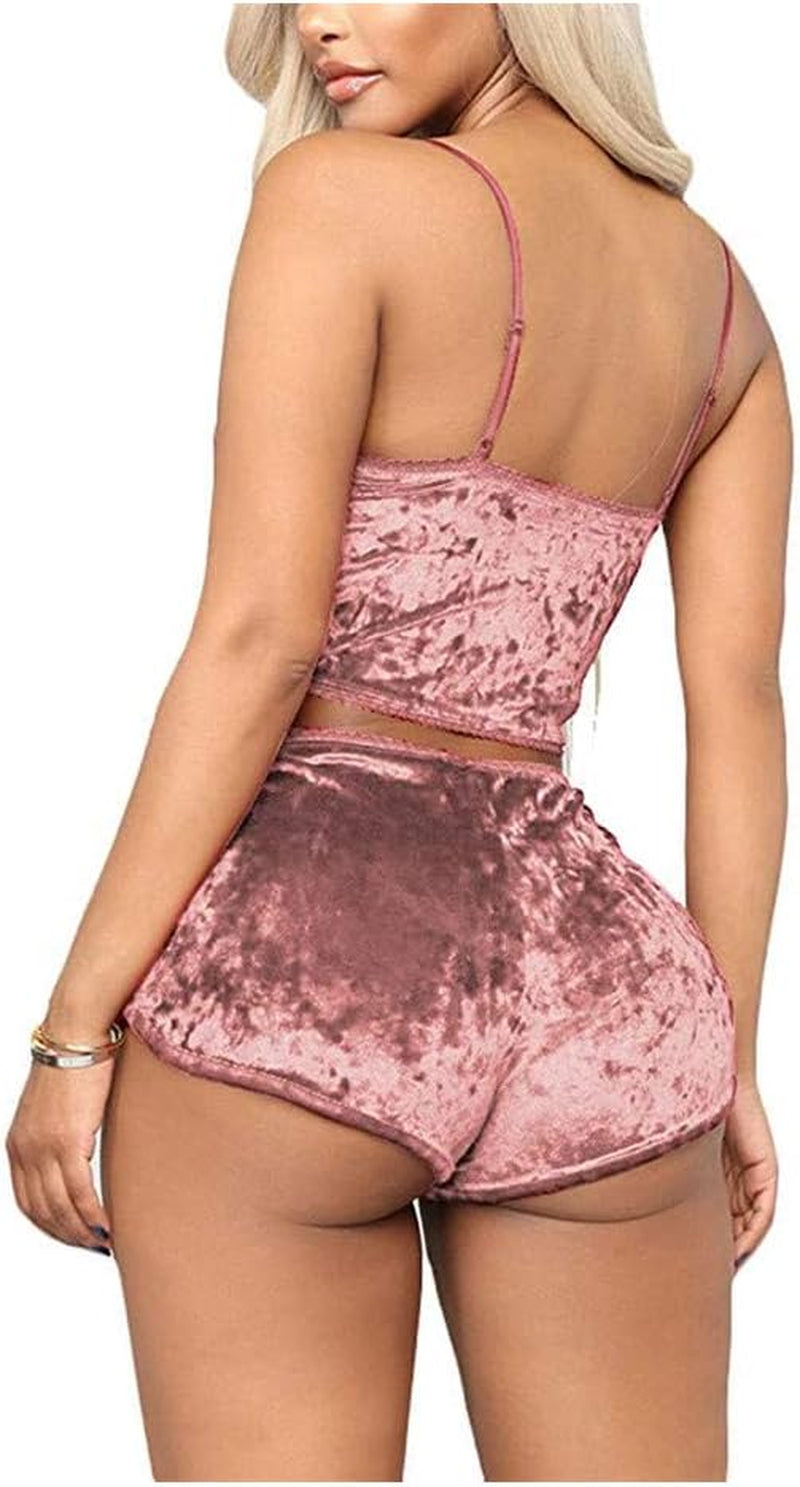 Velvet 2 Piece Spaghetti Strap Sleeveless Crop Top Camisole and Shorts Sleepwear 