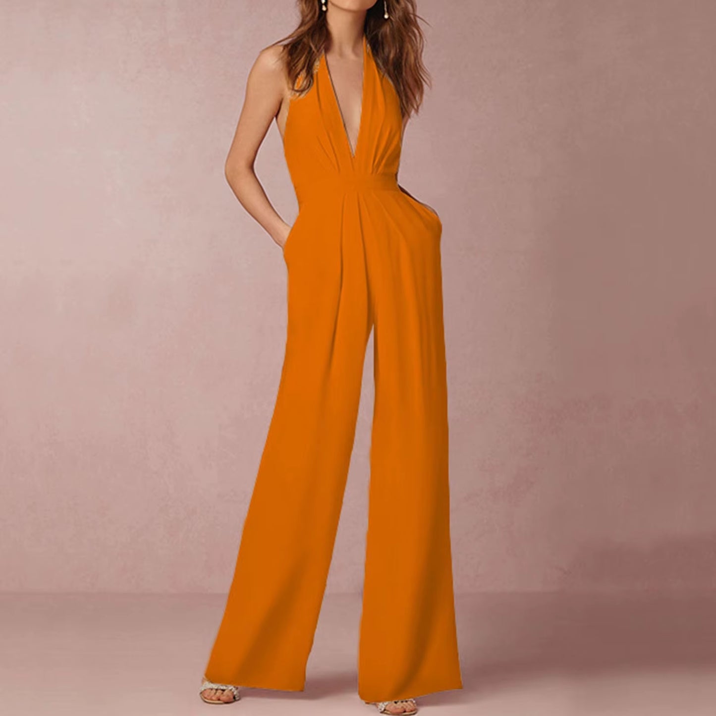 Elegant Luxury Jumpsuit Solid Color Halterneck Trousers with Pockets 