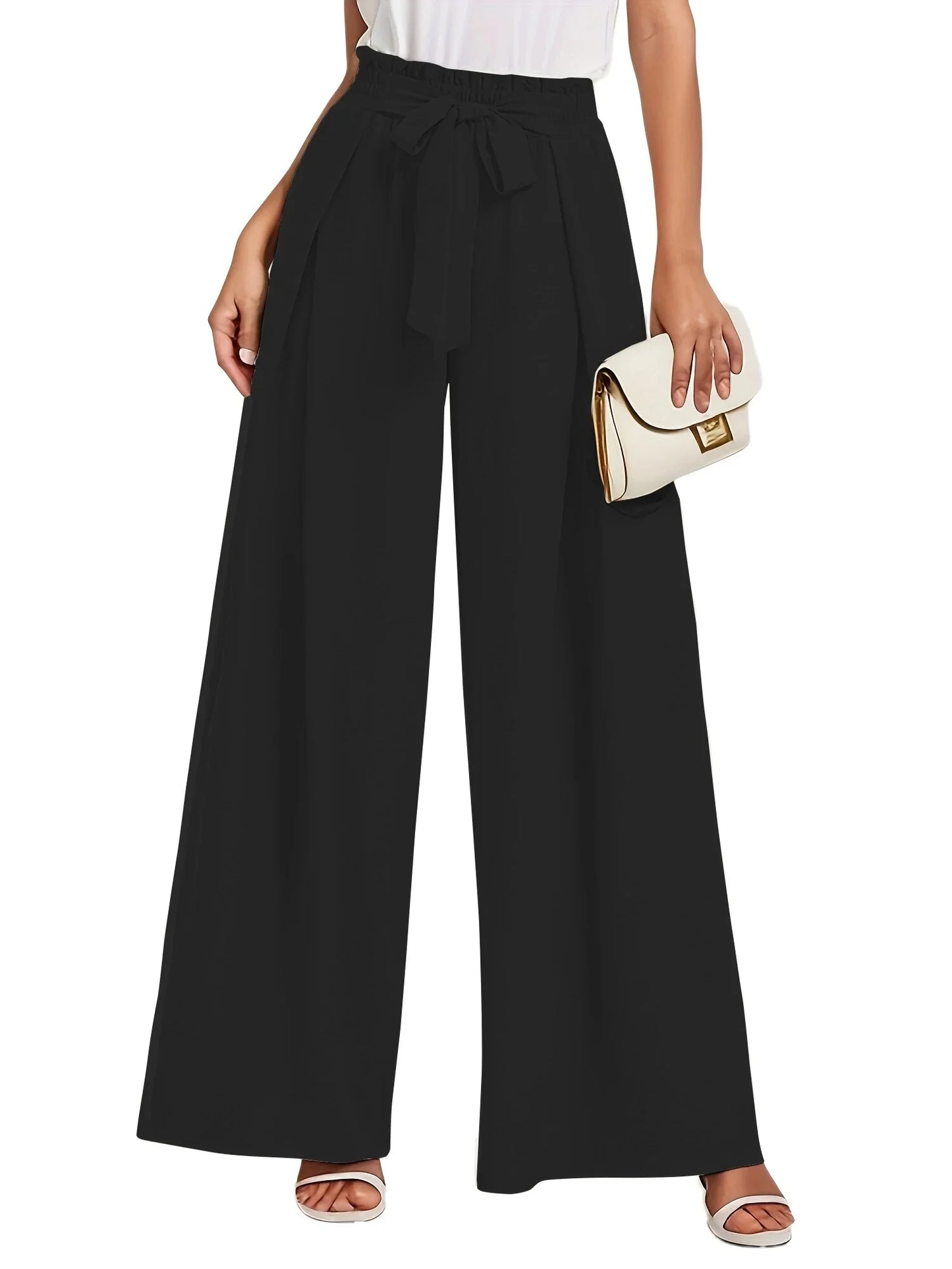 Office Casual Wide Leg Lounge Pants with Pockets High Waisted Adjustable Tie Knot 