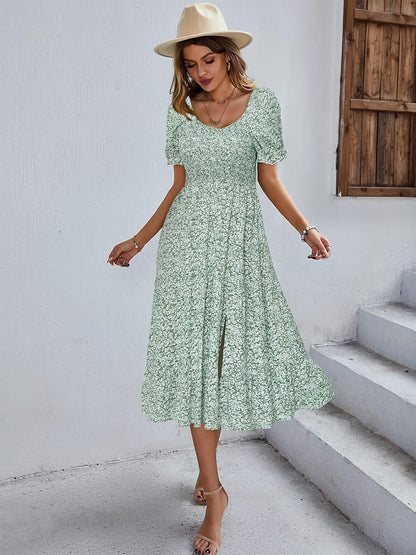 Summer Smocked Midi Dress Ditsy Floral Print Casual a Line Square Neck Short Puff Sleeve Dress