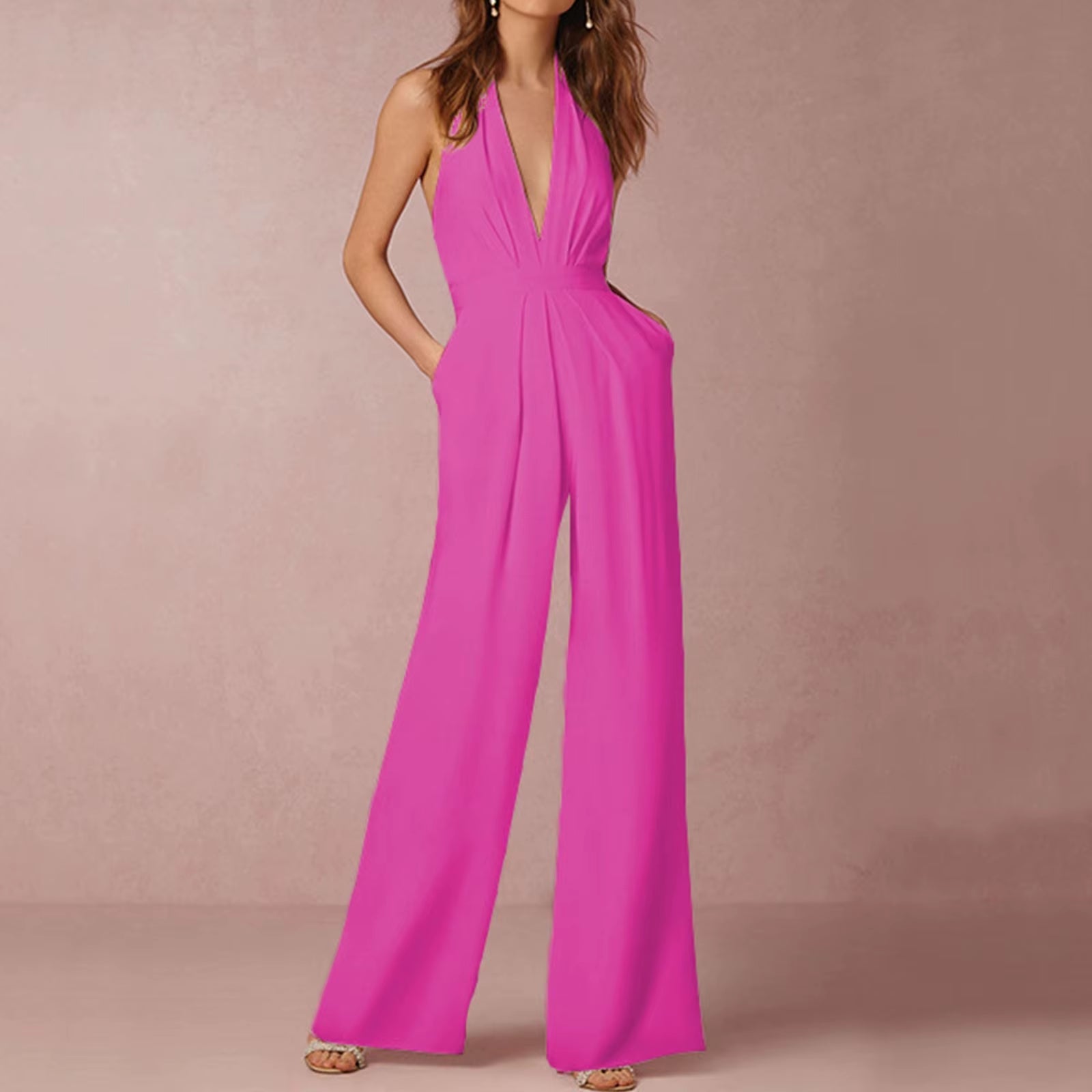 Elegant Luxury Jumpsuit Solid Color Halterneck Trousers with Pockets 