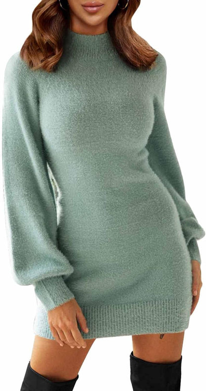 Mock Neck Ribbed Long Sleeve Bodycon Pullover Mini Sweater Dress